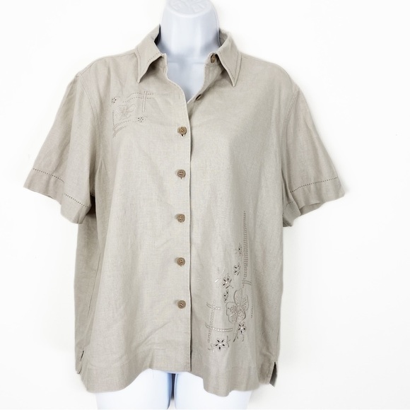 VINTAGE 90s Erika Linen Beige Embroidered Set Pants Medium Top Large Casual - Picture 2 of 11